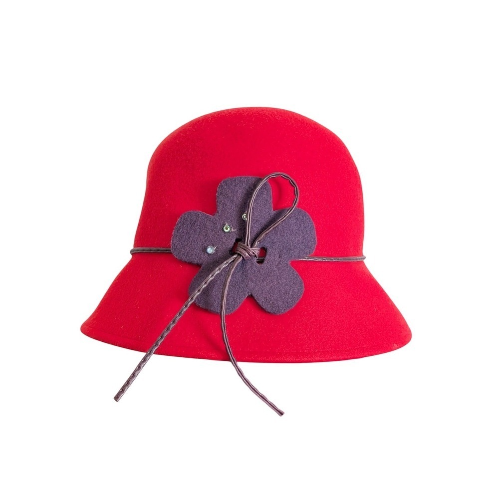 Vintage 00s 1920s Cloche Flapper Mori Kei Cherry Red & Purple Wool  Floral Hat